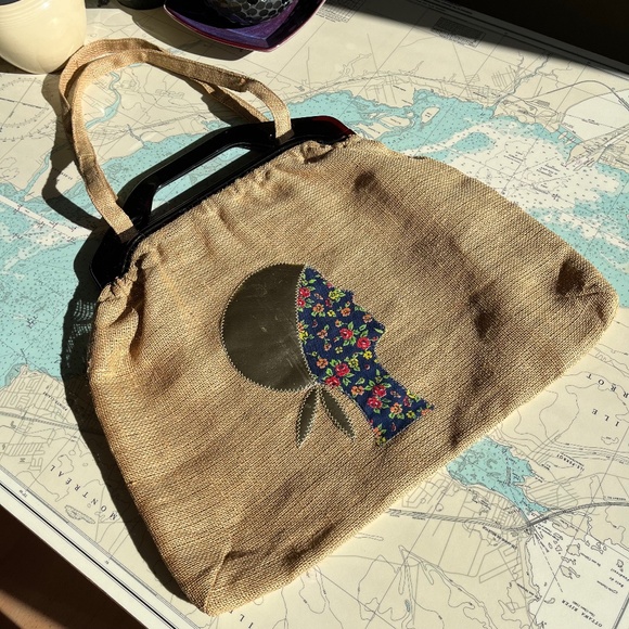 Vintage 70s Silhouette Burlap Tote - Picture 1 of 5